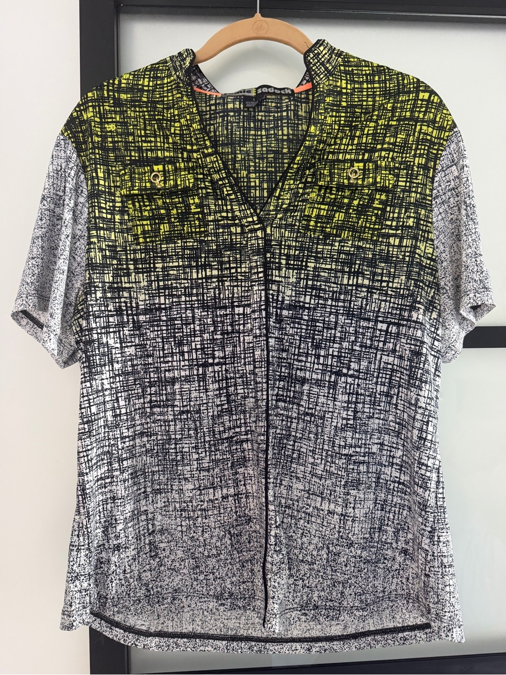 jamie sadock Short Sleeve Ombre Grid Print Top - Neon Yellow & Black